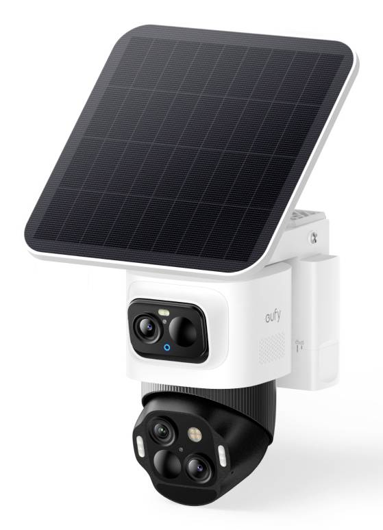 Solarbetriebene Außenüberwachungskamera mit großem Solarpanel oben und zwei Kameraobjektiven darunter.
