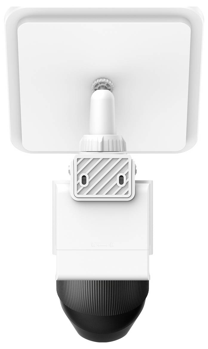 Frontalansicht eines weiß-schwarzen, an der Wand montierten Sensors oder einer Kamera mit rechteckigem oberen Paneel und zylindrischem Gehäuse im unteren Bereich.