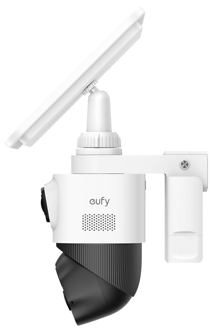Weiße Eufy-Außensicherheitskamera mit montiertem Solarpanel, in Seitenansicht gezeigt.