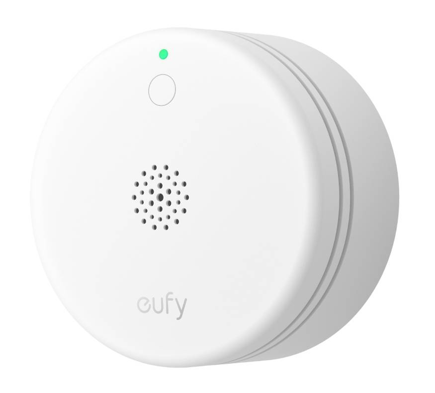 Weißer Eufy-Rauchwarnmelder mit grünem Statuslicht und Lautsprechergitter