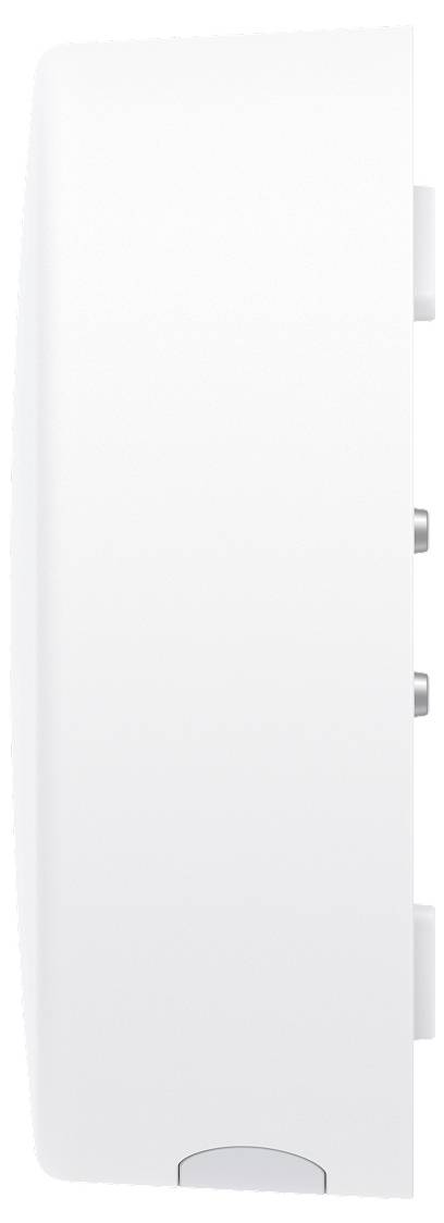 Weißes an der Wand montiertes rechteckiges Gerät oder Panel mit abgerundeter unterer Kante und kleinen seitlich angebrachten Halterungen auf der rechten Seite sichtbar.