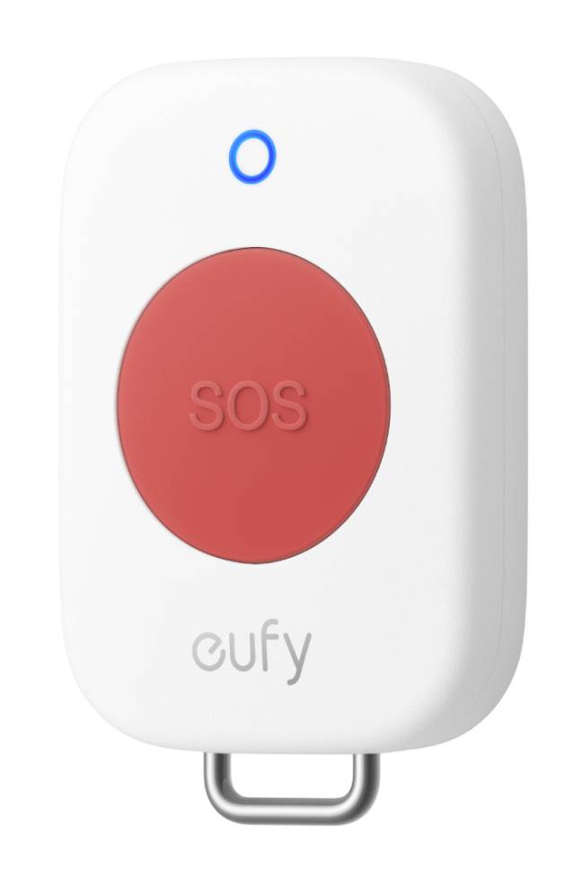 Ein weißer Eufy-Notfallknopf mit großer roter 