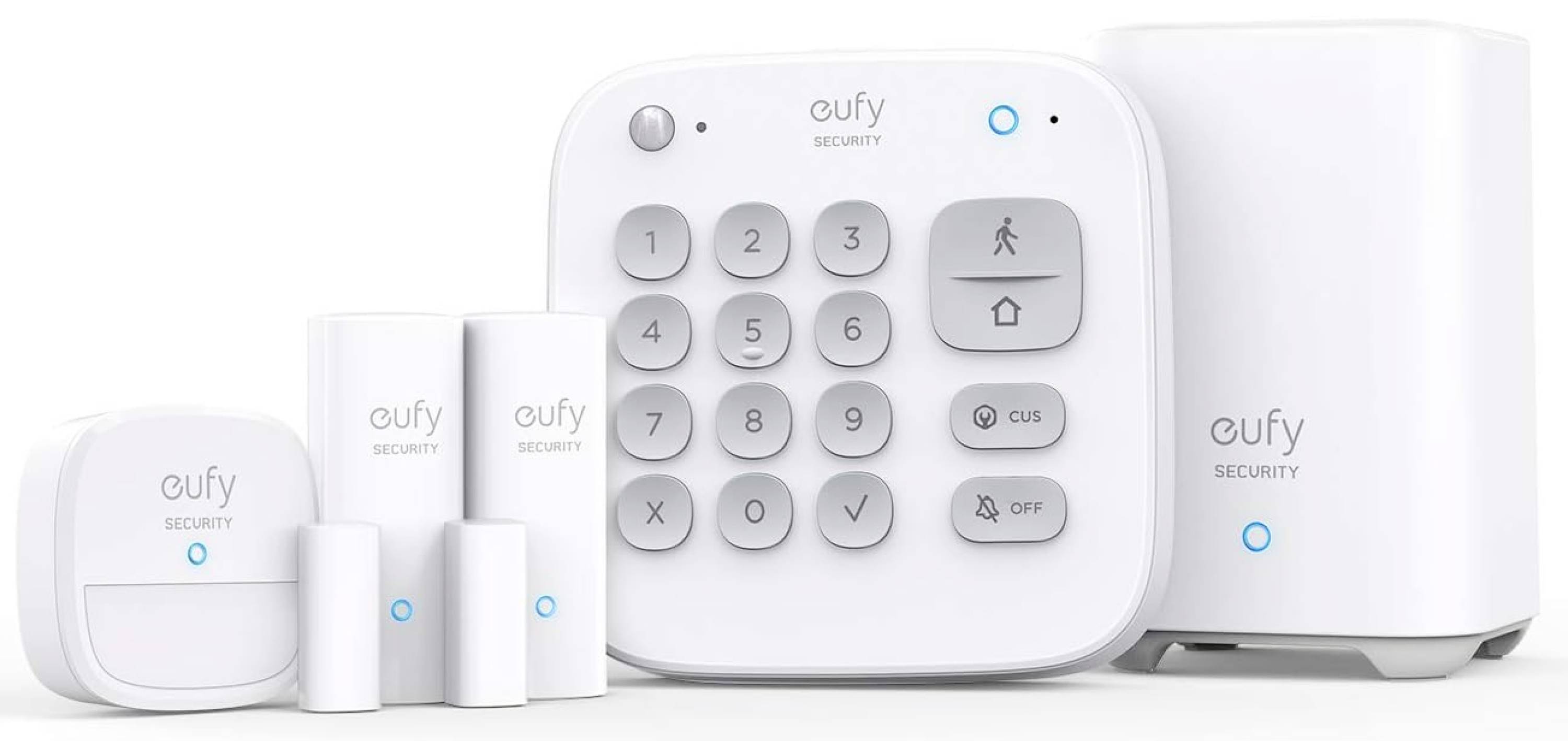 Eufy Security Hausalarmsystem-Set mit Keypad-Hub, Sirene, Sensoren und Bewegungsmelder auf weißem Hintergrund
