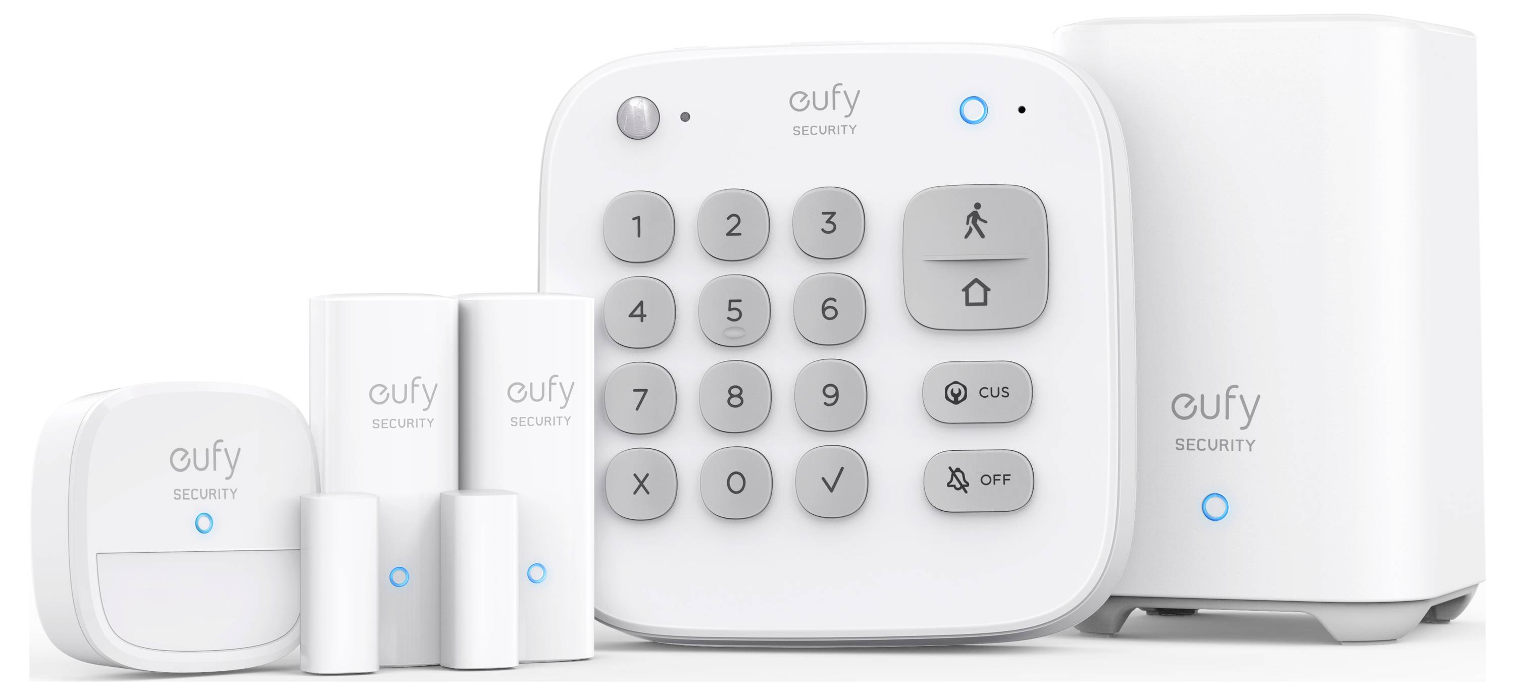 Eufy Security Hausalarmanlagen mit Bedienfeld-Hub, Bewegungsmelder, Kontaktsensoren und Basisstation auf weißem Hintergrund dargestellt.