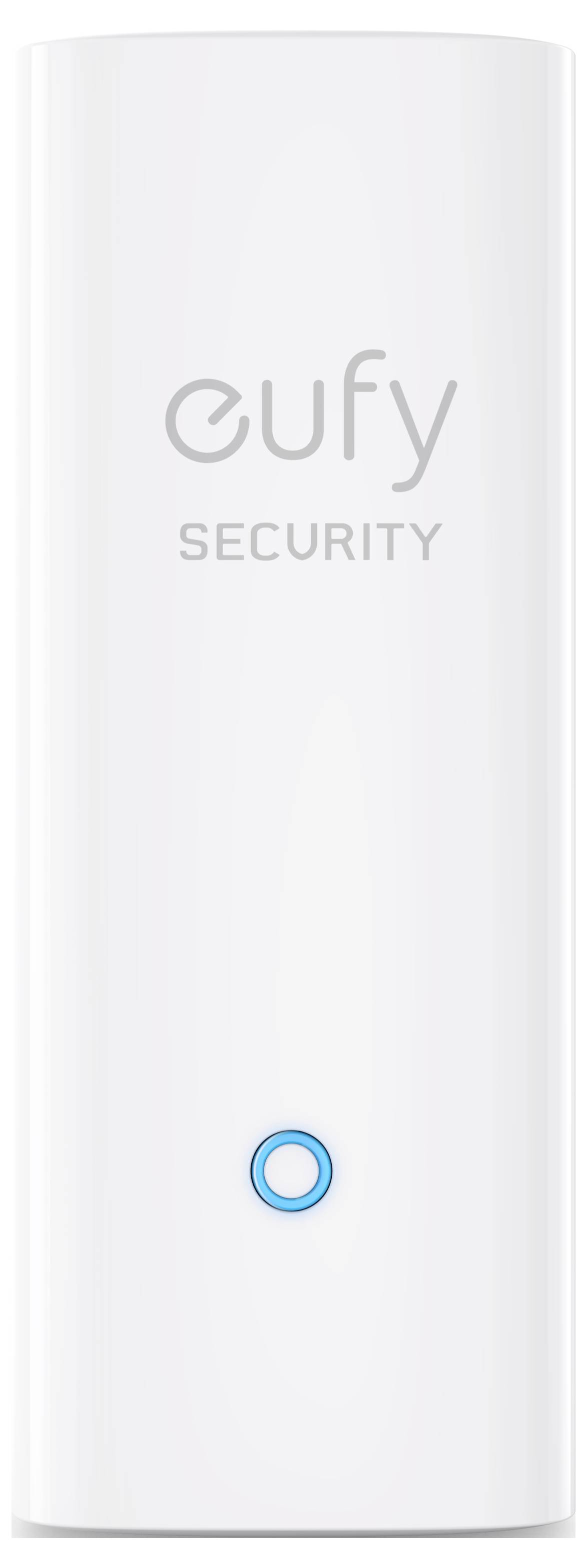 Weiß dargestelltes Eufy Security-Gerät von vorne, mit Logo oben und blau leuchtender kreisförmiger Statusschaltfläche in der Nähe der unteren Mittelmitte.