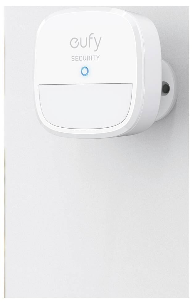 Eufy Security Wandmontierter Sensor mit blauem Statuslicht an einer weißen Tür oder Wand.