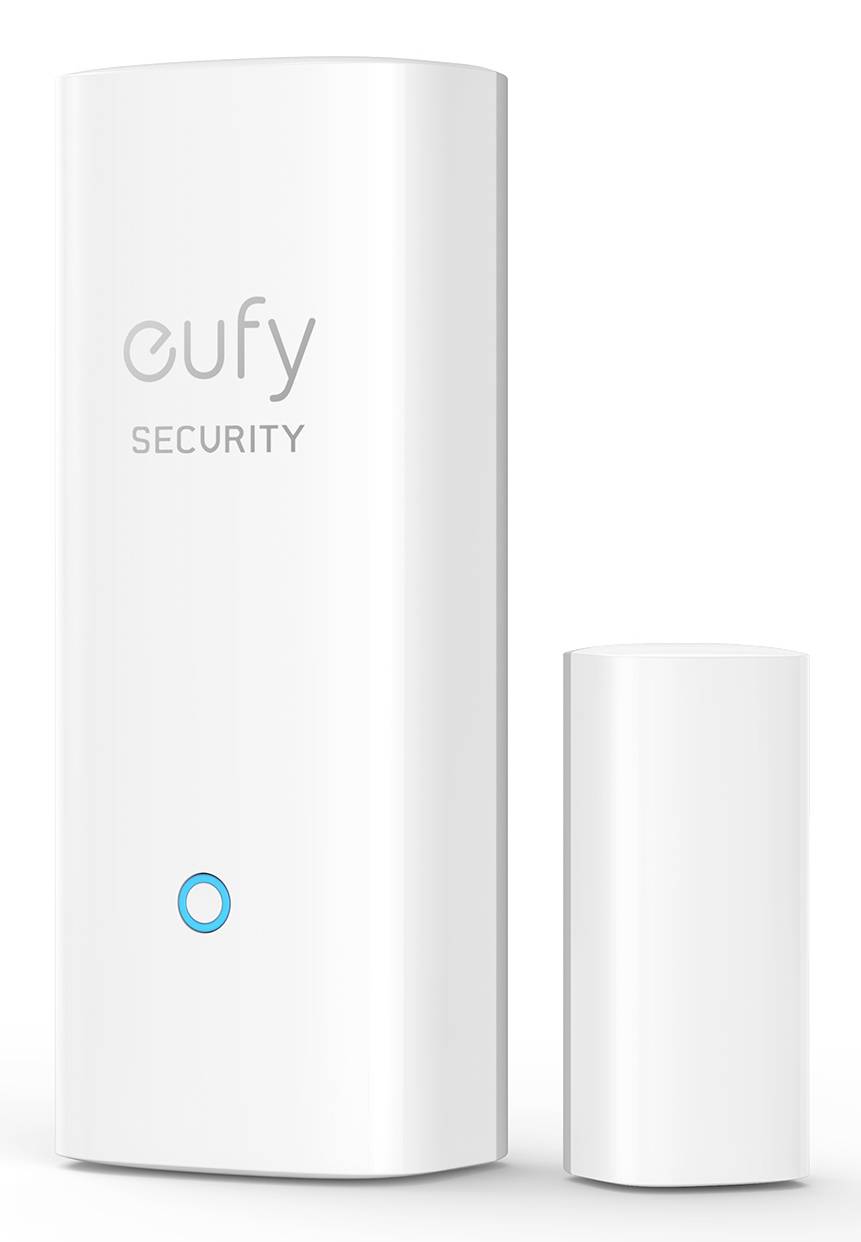 Zwei weiße Eufy Security-Geräte: ein hohes Hauptgerät und ein kleinerer Sensor, beide aufrecht auf weißem Hintergrund stehend.