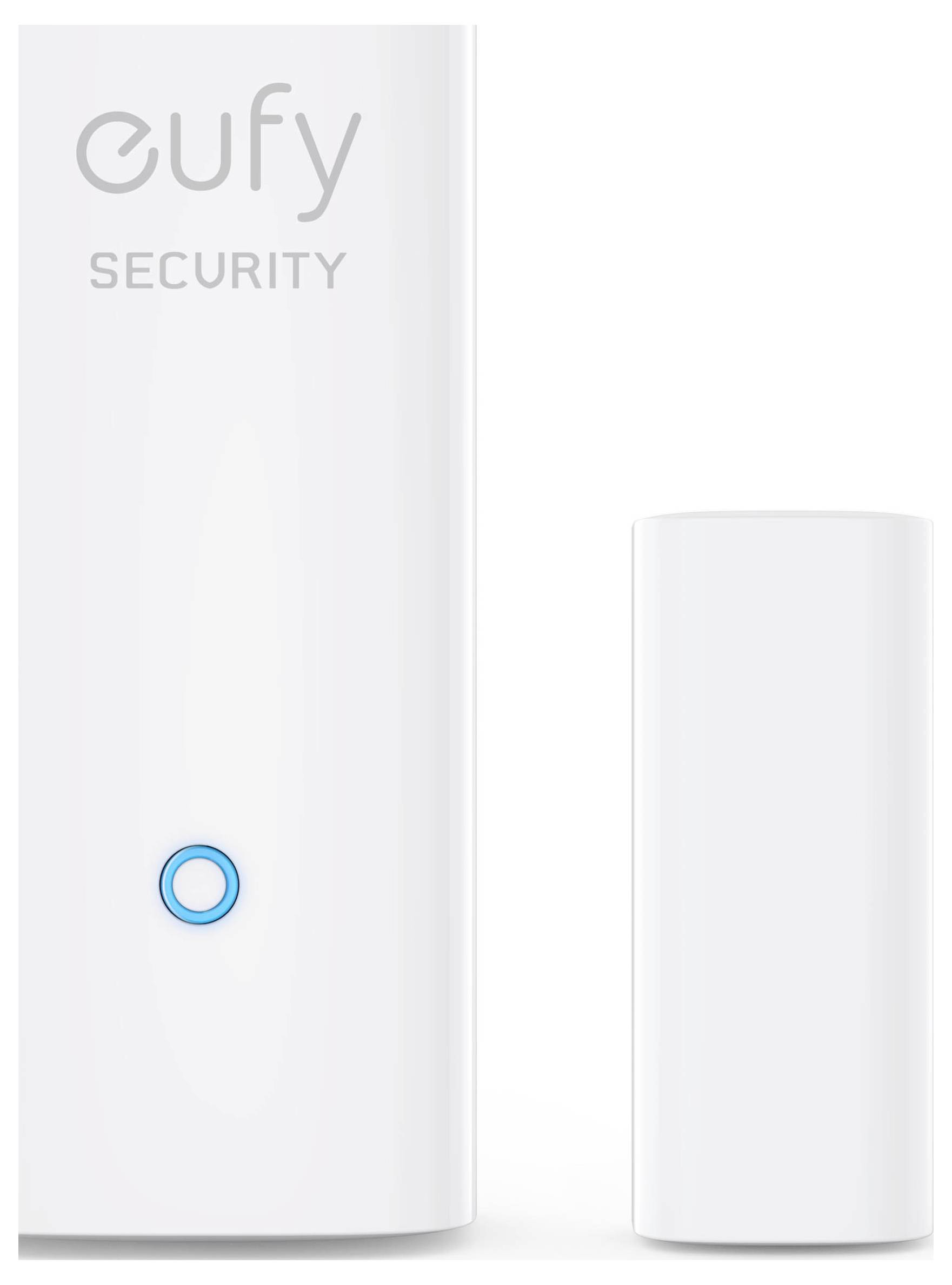 Zwei weiße Eufy Security Smart-Home-Geräte, eine große Haupteinheit mit einer blau beleuchteten Taste und ein kleinerer Sensor daneben.