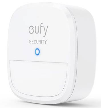 Weißes eufy Security Plug-in-Gerät mit blauem Statuslicht, wahrscheinlich eine Hausalarmbasis oder ein Sensor.