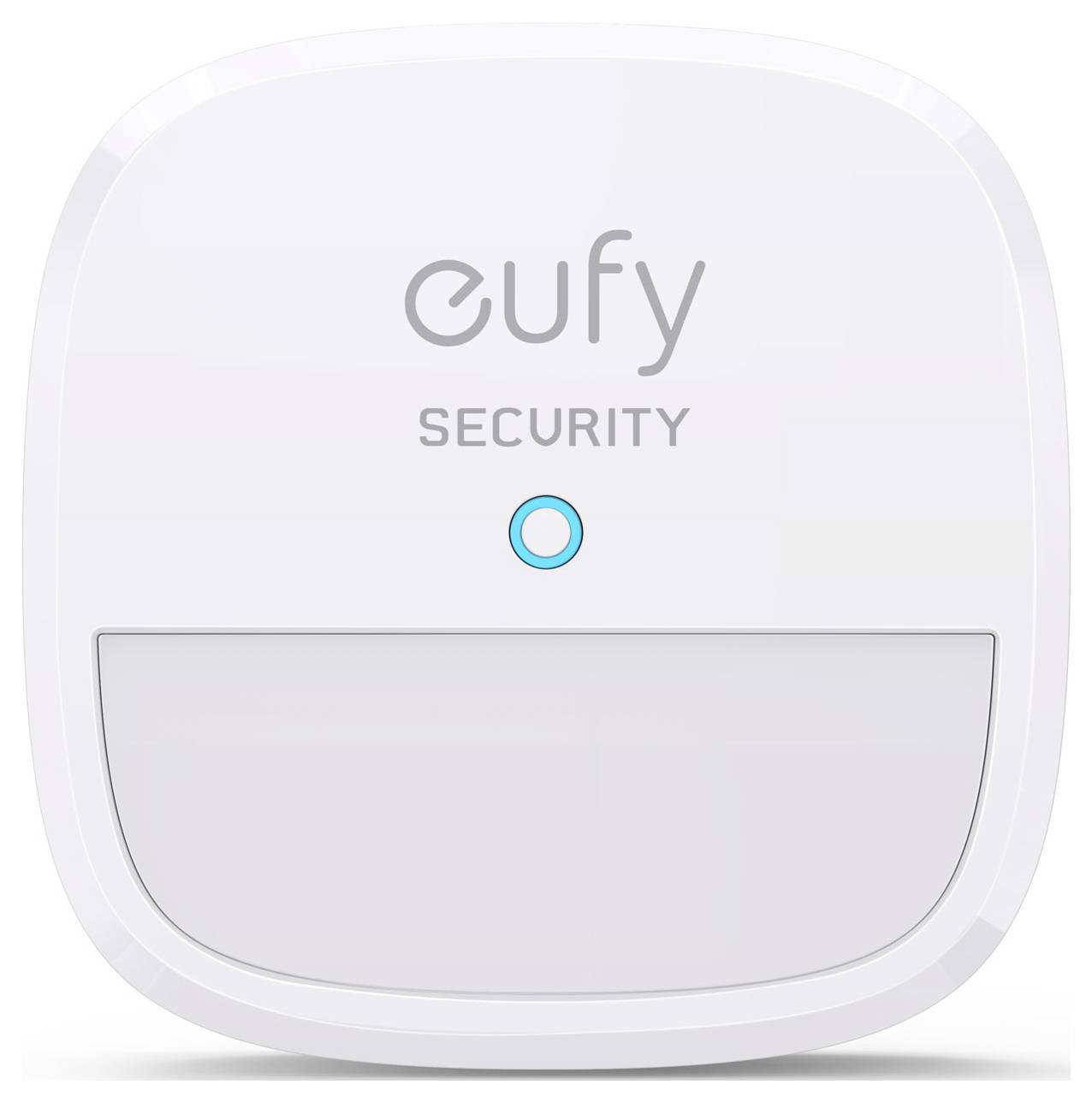 Eufy Security wandmontiertes Gerät mit leuchtend blauem Statuslicht und unterer Zugriffsklappe, dargestellt auf weißem Hintergrund.