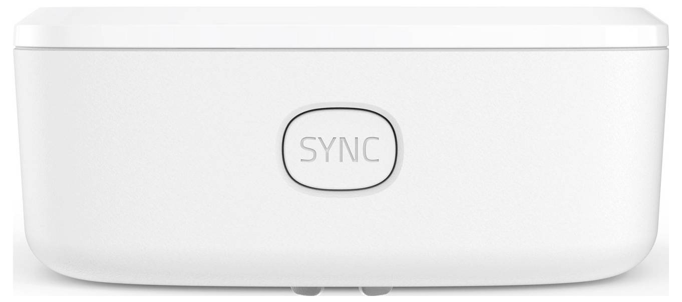 Weißes rechteckiges Gerät mit einer zentrierten „SYNC