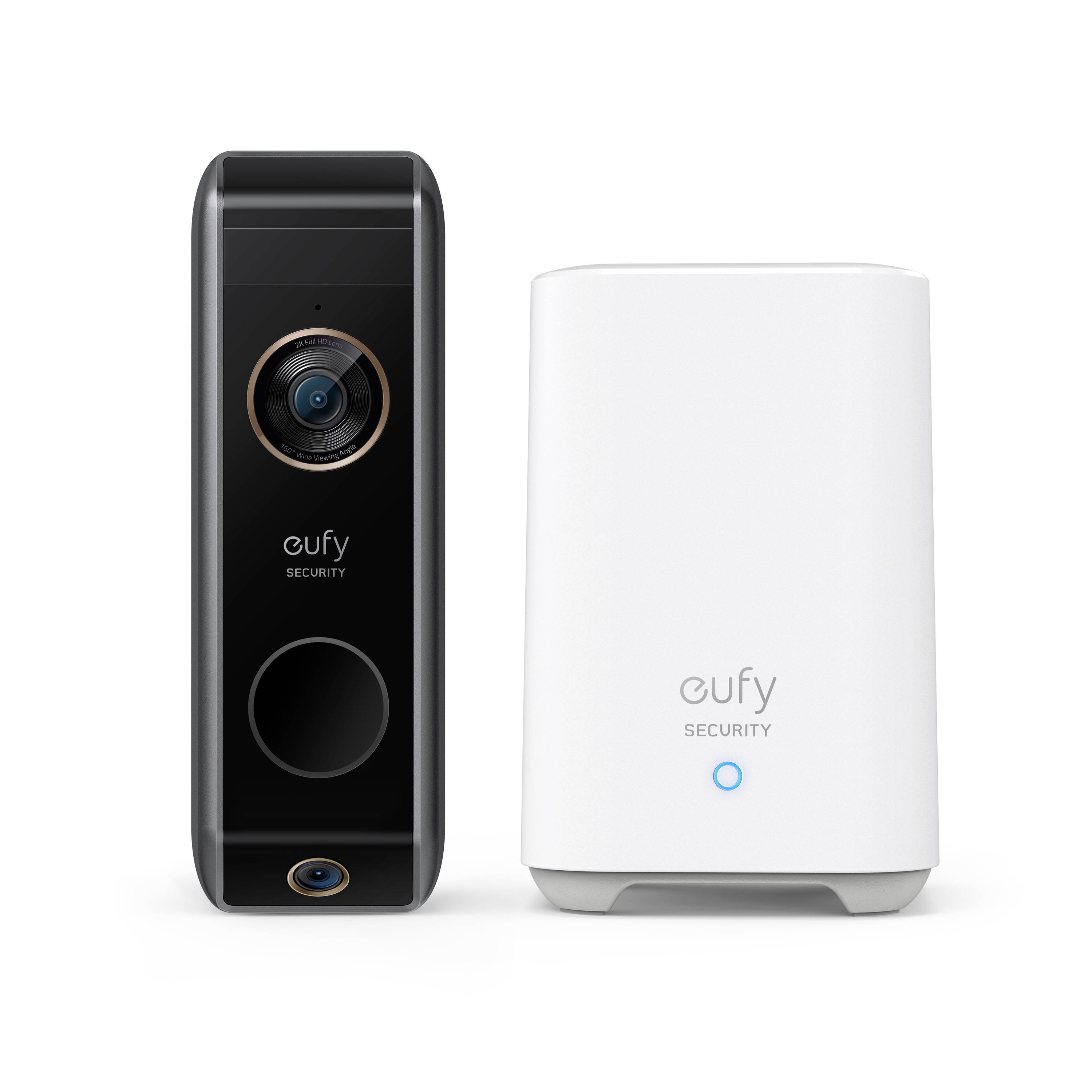 Eufy Security Video-Türklingel-Kamera und Indoor-Basisstation nebeneinander auf weißem Hintergrund dargestellt.
