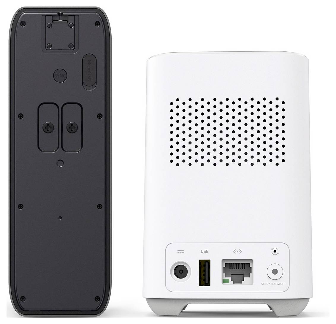 Vorder- und Rückansichten eines weißen kabellosen Geräts; die Vorderseite verfügt über Lautsprecherlöcher und Anschlüsse für Stromversorgung, USB und Ethernet, wahrscheinlich ein Router oder eine Alarm-Hub.