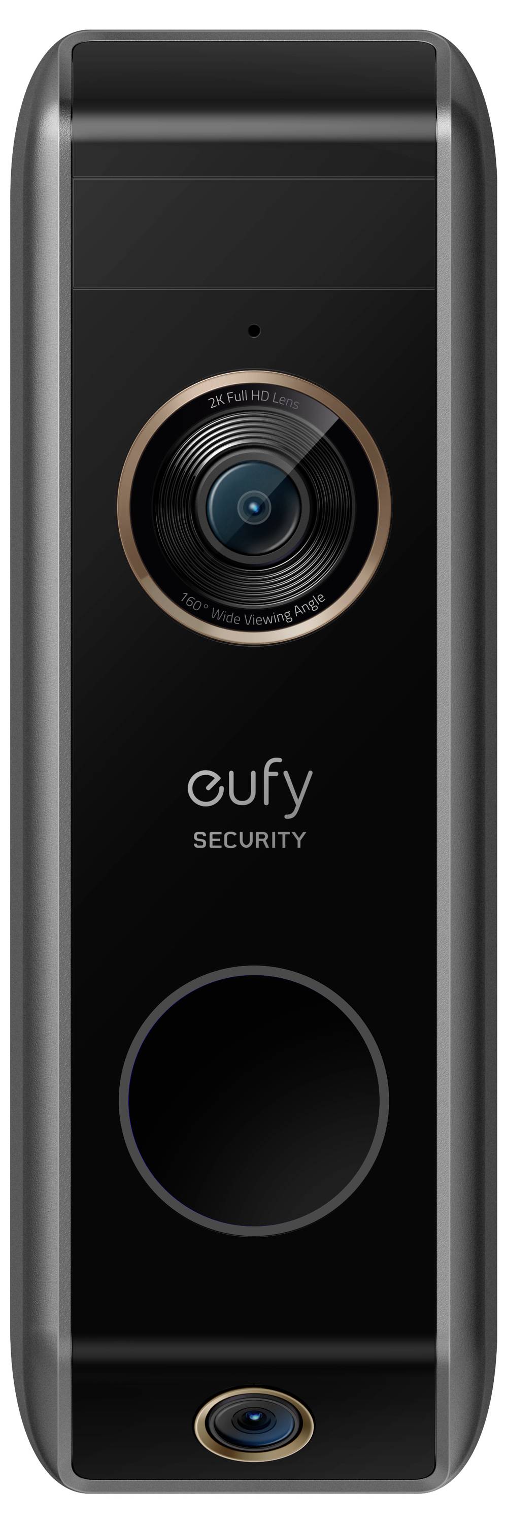 Eine schwarze Eufy Security Videotürklingel-Kamera mit zentralisierter Linse, Bewegungsmelder darunter und Eufy-Branding in der Nähe des unteren Bereichs.