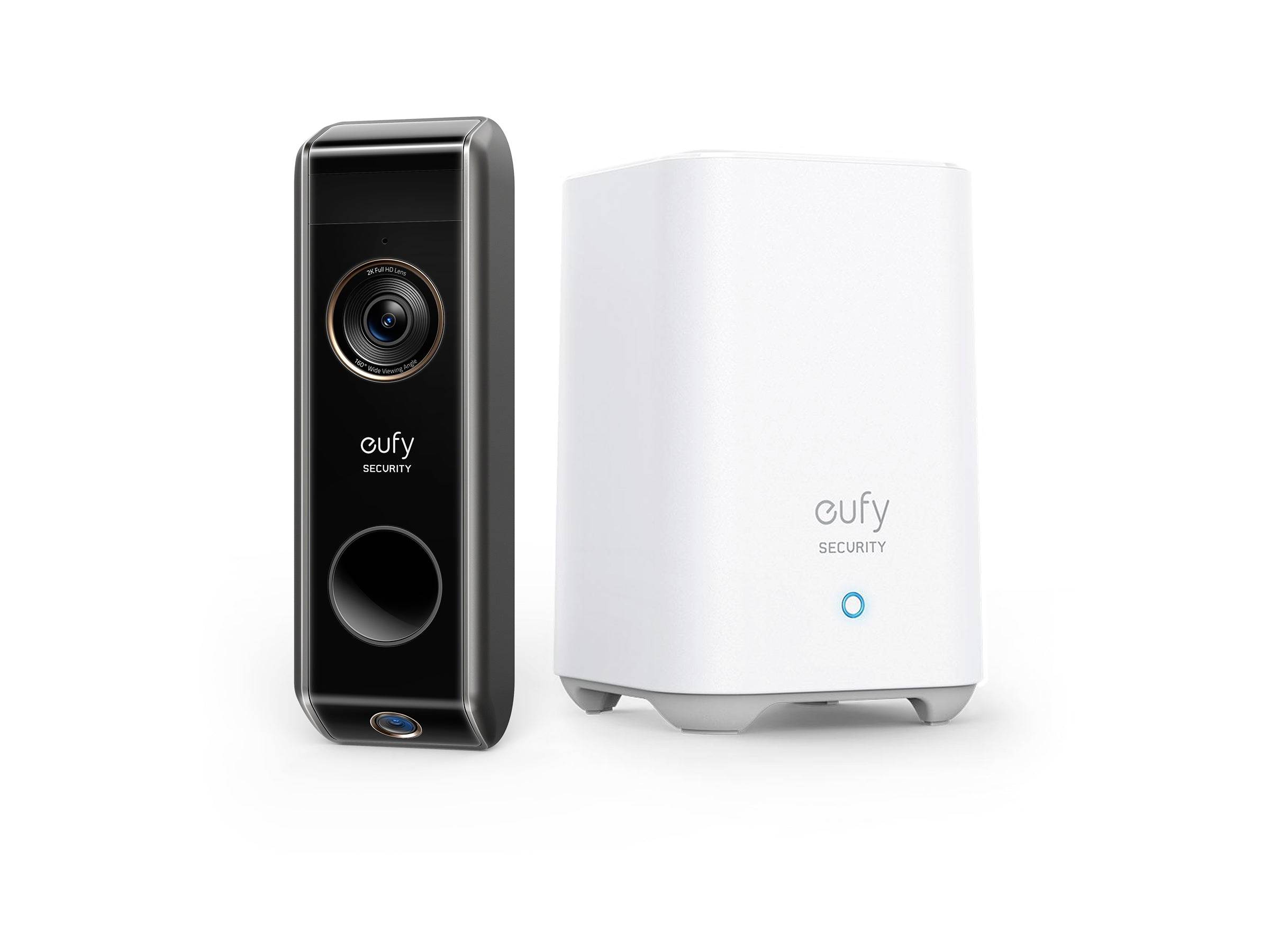 Zwei Eufy Security-Geräte auf weißem Hintergrund: Eine schwarze Video-Türklingel-Kamera und eine weiße Basisstation mit blauer Kontrollleuchte.