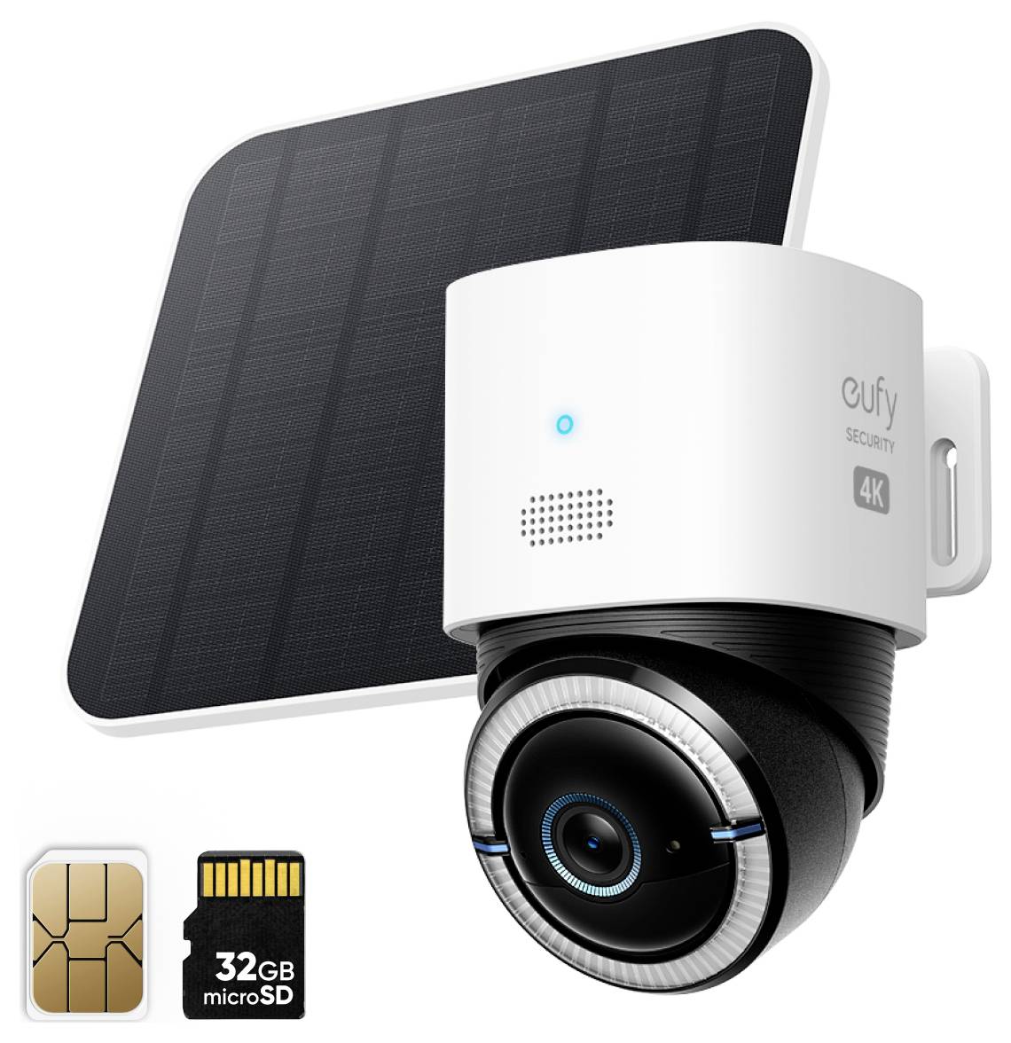 Eufy Security 4K Außenkamera mit Solarpanel, zeigt Unterstützung für microSD-Karte und 32GB Speicher.