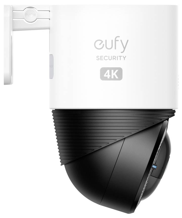Eufy Security 4K-Außensicherheitskamera mit weißer Befestigungshalterung und schwarzem Schwenk-Neige-Domekörper.