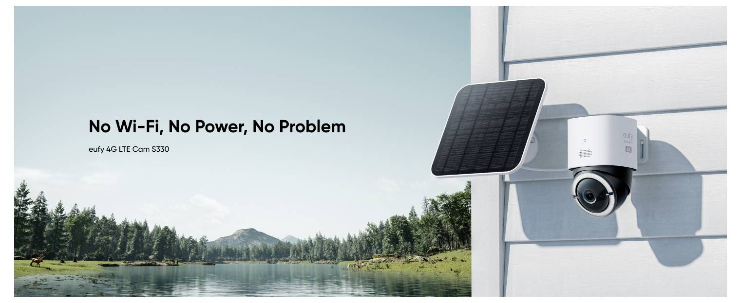 Außensicherheitskamera mit Solarpanel neben einem Haus, wirbt für „Kein Wi-Fi, Kein Strom, Kein Problem