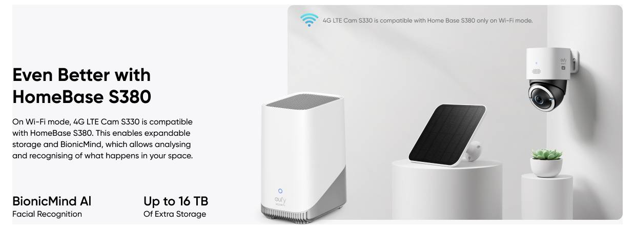 Werbebild des HomeBase S380 Sicherheitsspeicher-Hubs mit Kamera, das Wi‑Fi 6, BionicMind KI-Gesichtserkennung und bis zu 16 TB zusätzlichen Speicher hervorhebt.
