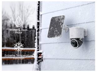 Außen-Sicherheitskamera an einer Hauswand im Schnee, mit Symbolen/Text mit der Aufschrift „Wasser- und staubdicht