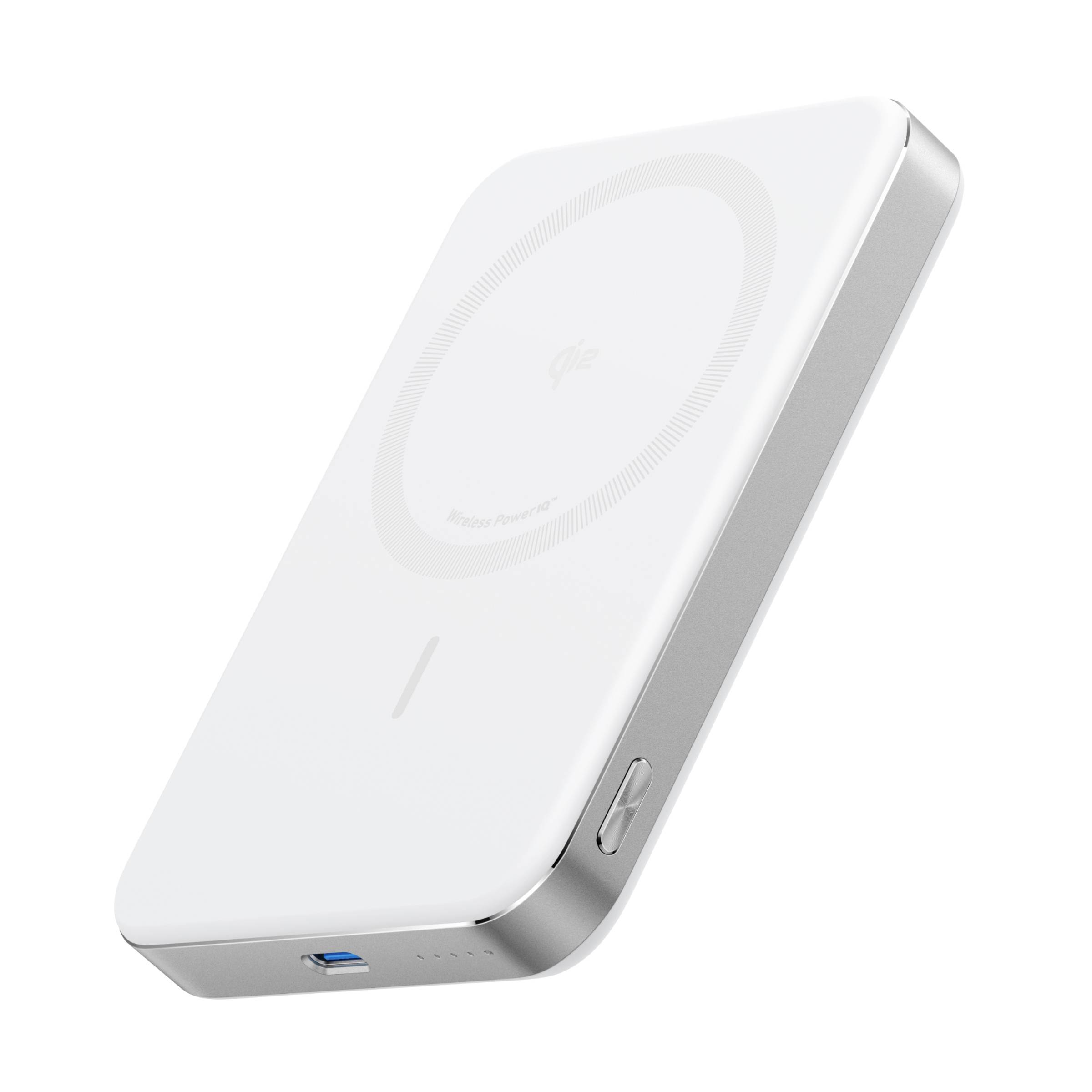 Weiße rechteckige MagSafe-ähnliche kabellose Powerbank mit silbernen Kanten und USB-C-Anschluss, gezeigt auf einem schlichten Hintergrund.