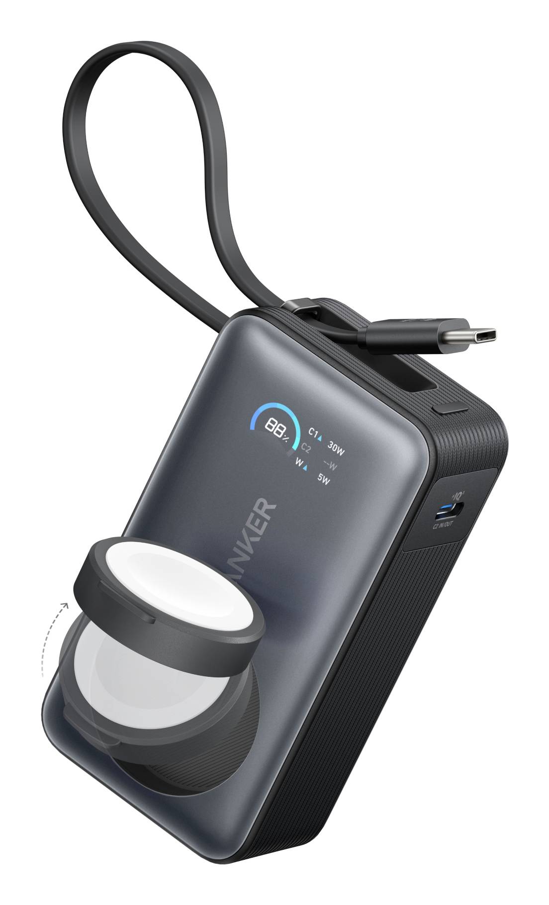 Tragbare Powerbank mit digitalem Batterieanzeige-Display und integrierter LED-Laterne, abgebildet mit angeschlossenem USB-Kabel.