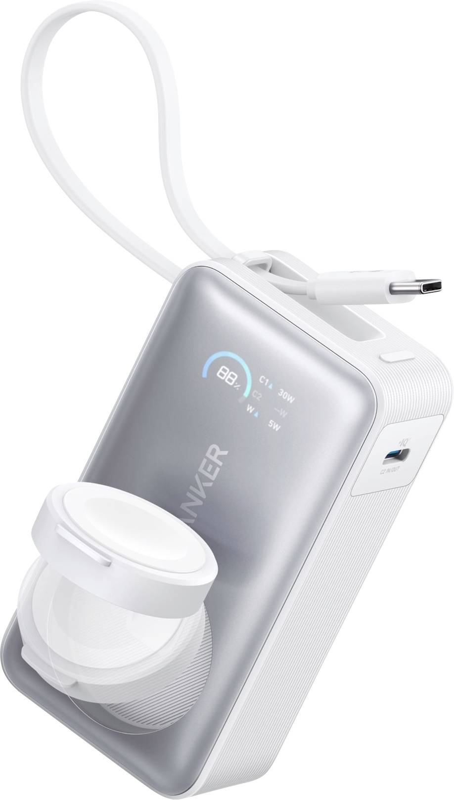 Tragbares weiß-graues Anker-Gerät mit integriertem Stromstecker, Display und rundem abnehmbarem Komponententeil, abgebildet auf weißem Hintergrund.