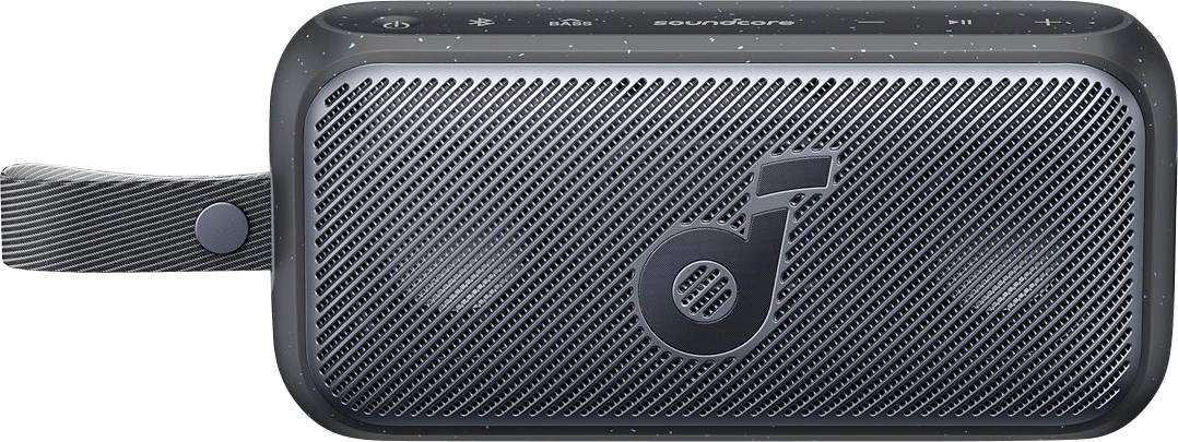 Tragbarer schwarzer Bluetooth-Lautsprecher mit Stoffgitter und Seitengurt, von vorne auf weißem Hintergrund dargestellt.