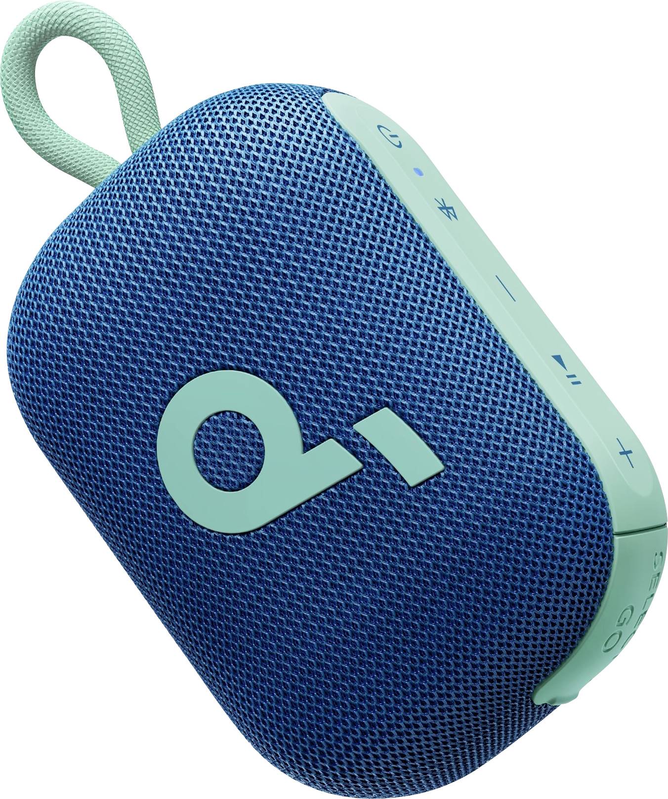 Tragbarer Bluetooth-Lautsprecher in Blau und Türkis mit Schlaufenriemen und seitlichen Steuertasten.