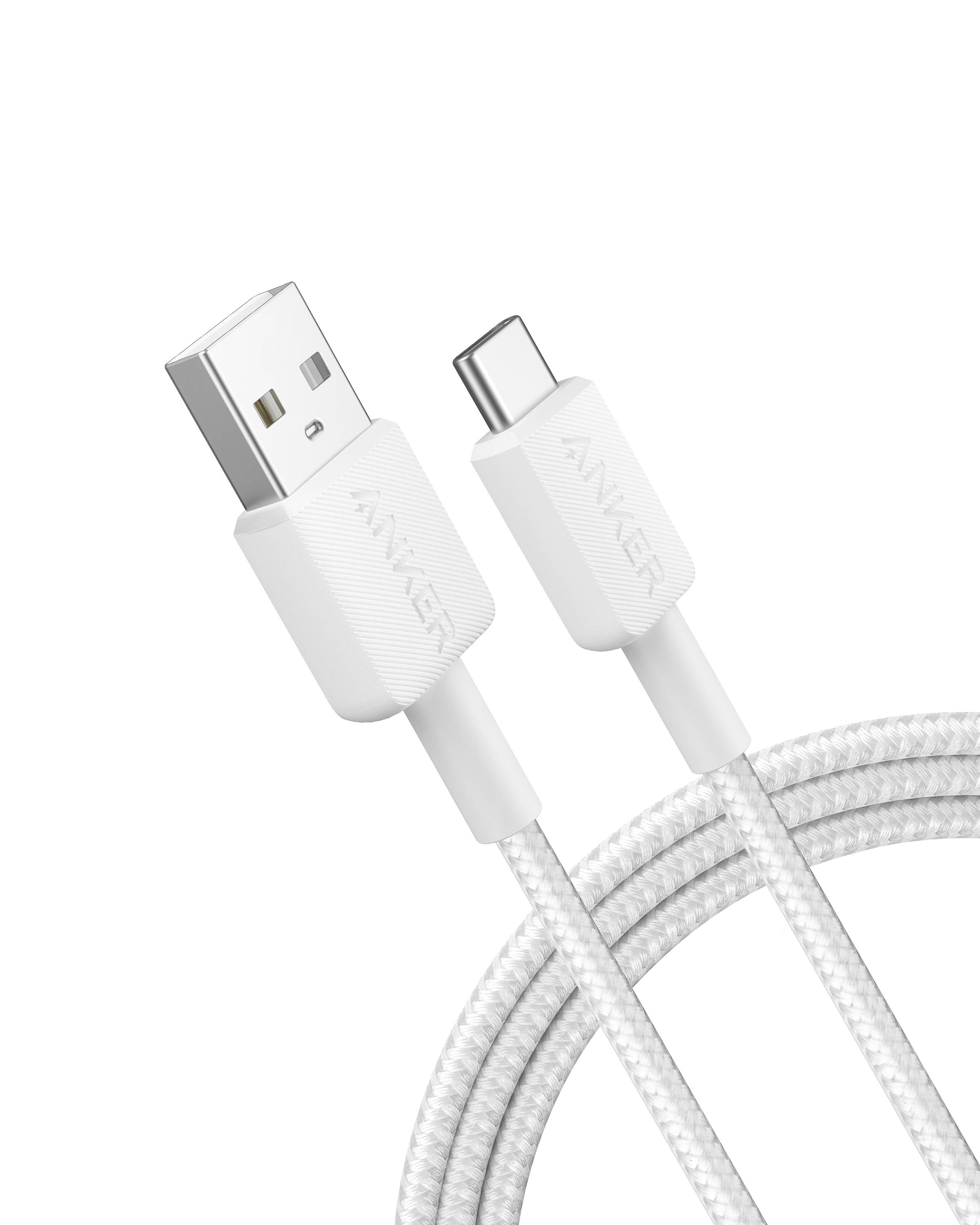 Weißes USB-A zu USB-C Ladekabel mit geflochtenem Kabel und Anker-Steckern auf weißem Hintergrund.