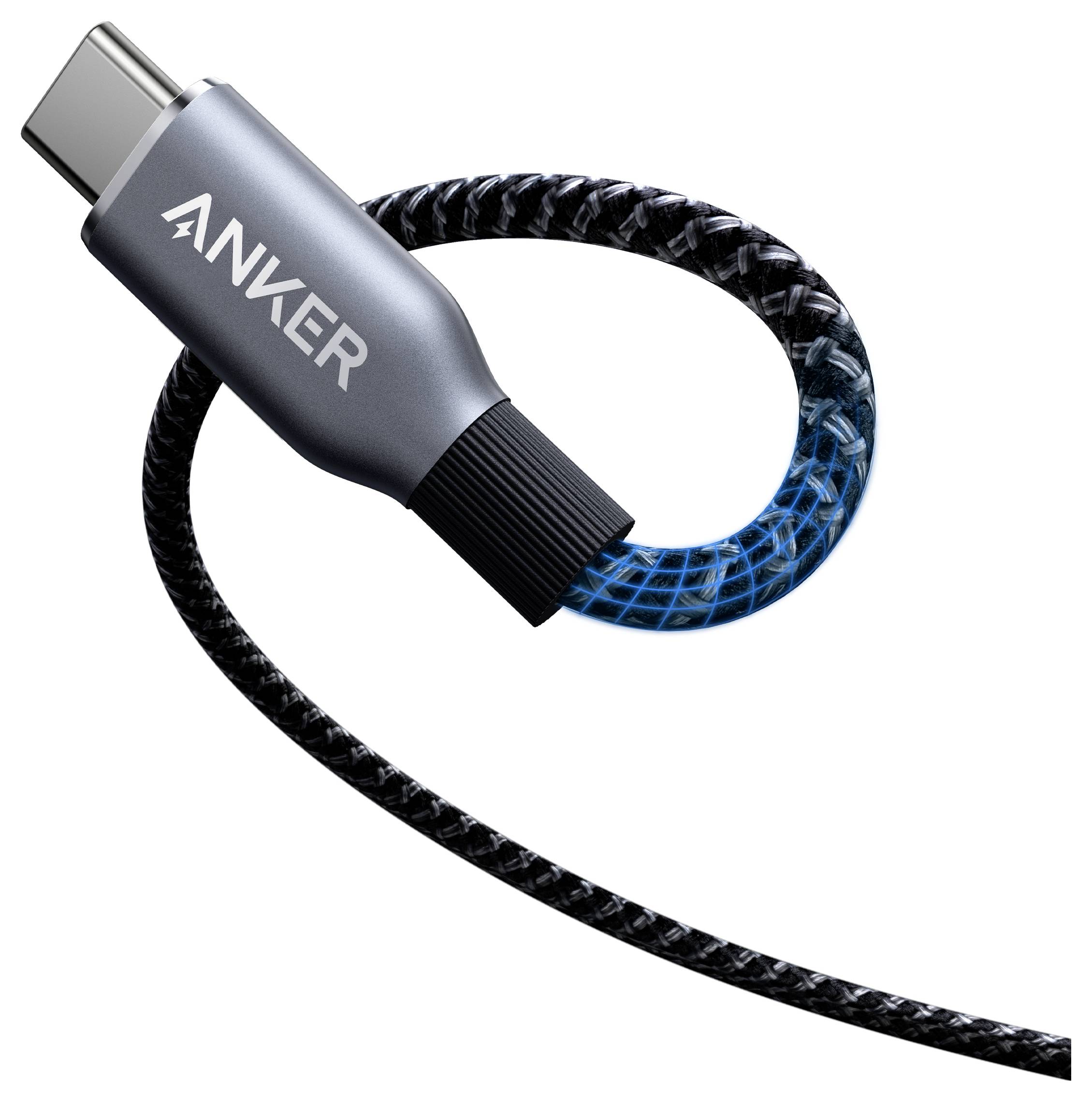 Anker USB-C-Ladekabel mit geflochtenem schwarzem Kabel und blau leuchtendem Loop, dargestellt auf weißem Hintergrund.