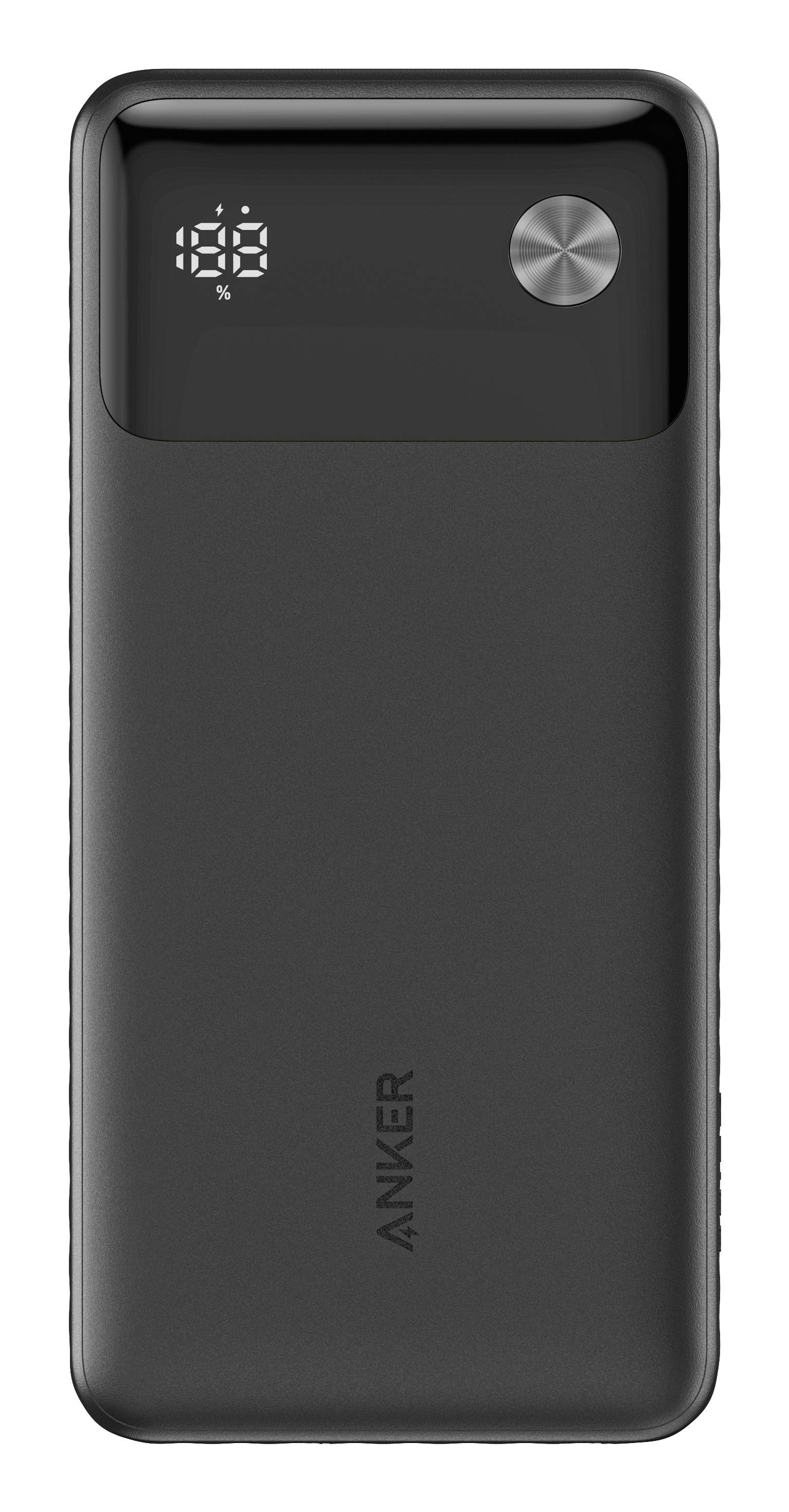 Schwarze tragbare Anker-Powerbank mit digitaler Batterieprozentanzeige und rundem Netzschalter oben rechts.