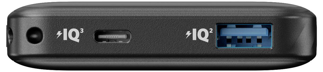Vorderansicht eines Geräts mit zwei USB-Anschlüssen, die auf der linken Seite mit iQ3 und auf der rechten Seite mit iQ2 gekennzeichnet sind.
