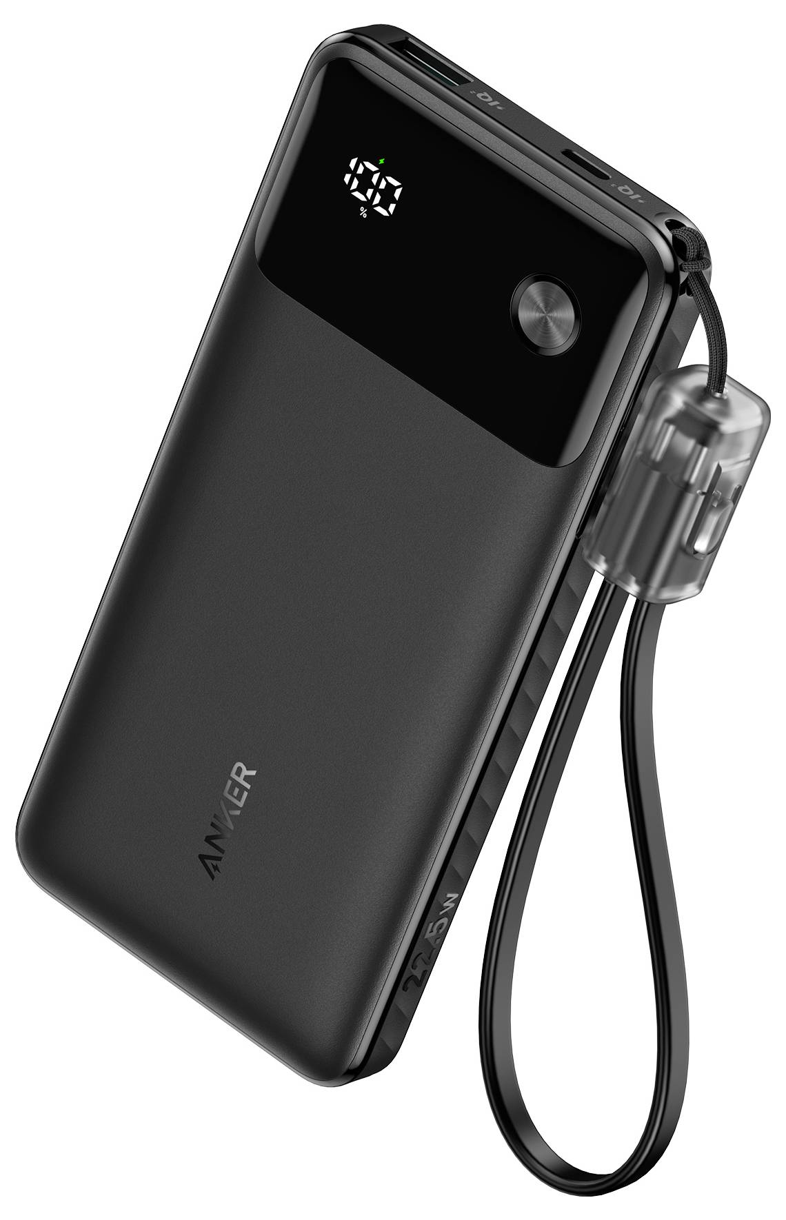 Tragbares schwarzes Anker-Powerbank mit digitaler Batterieanzeige, Ein-/Ausschalter und angebrachtem Handgelenkband auf weißem Hintergrund.