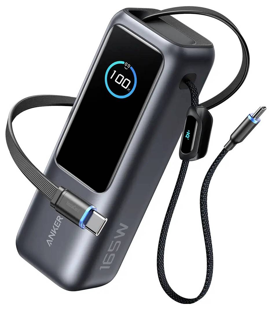 Anker 165W tragbare Powerbank mit digitaler Batterieanzeige und integrierten Ladekabeln.
