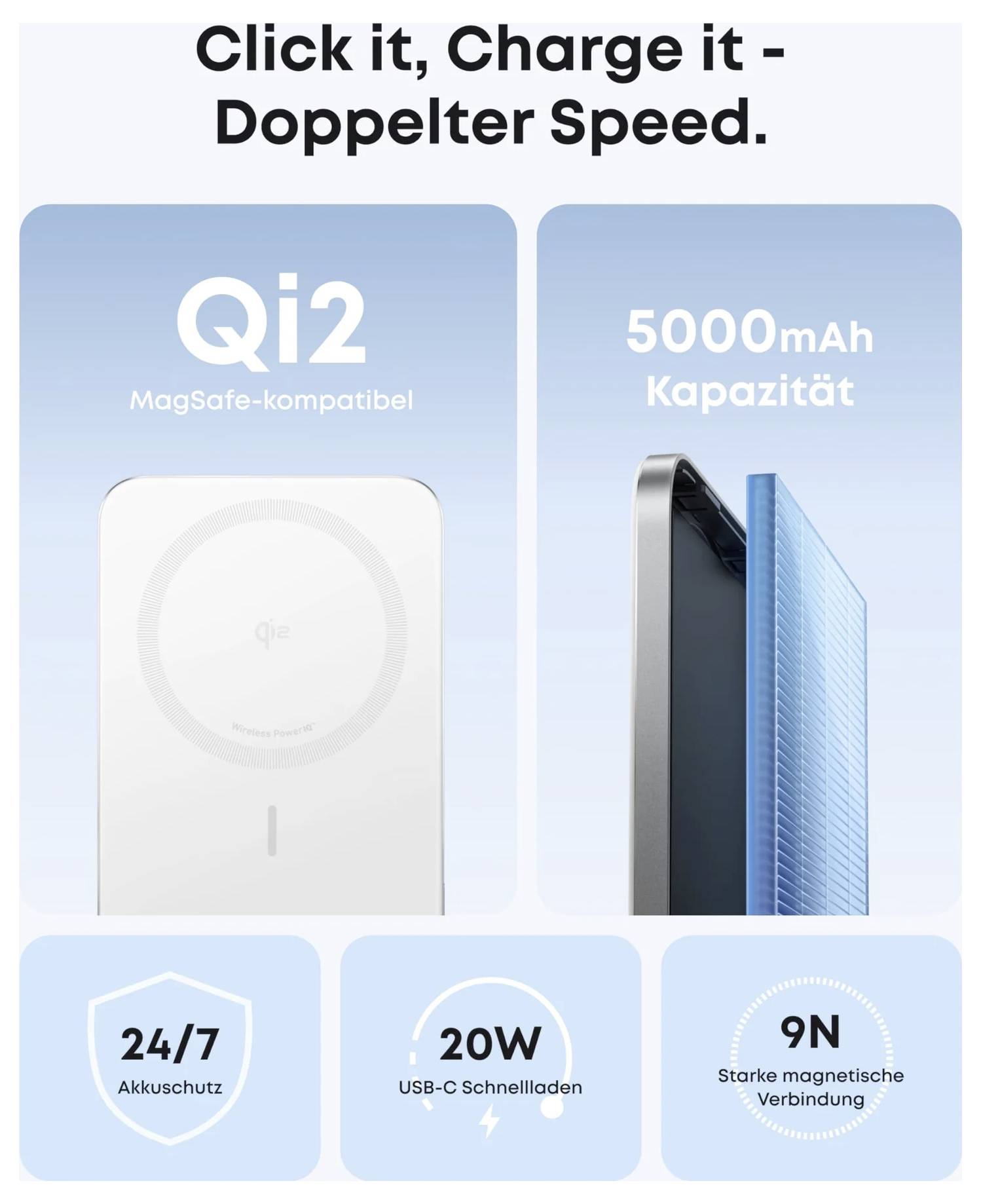 Werbegrafik für die Qi2 MagSafe-kompatible Powerbank, zeigt 