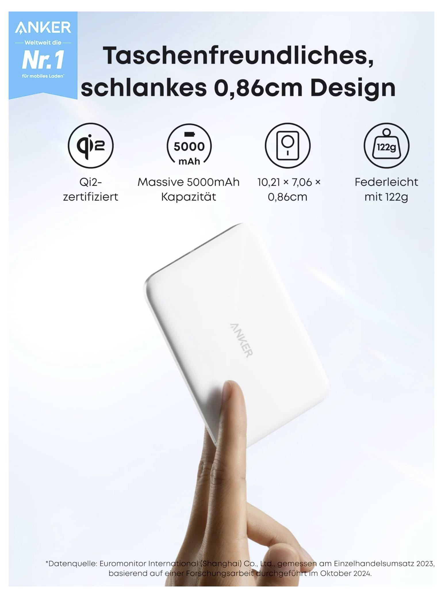 Anker Power Bank Anzeige mit einem schlanken weißen 5000-mAh-Ladegerät, das auf einem Finger balanciert ist, mit Hervorhebung von Qi2, 0,86 cm Dicke und 122 g Gewicht.