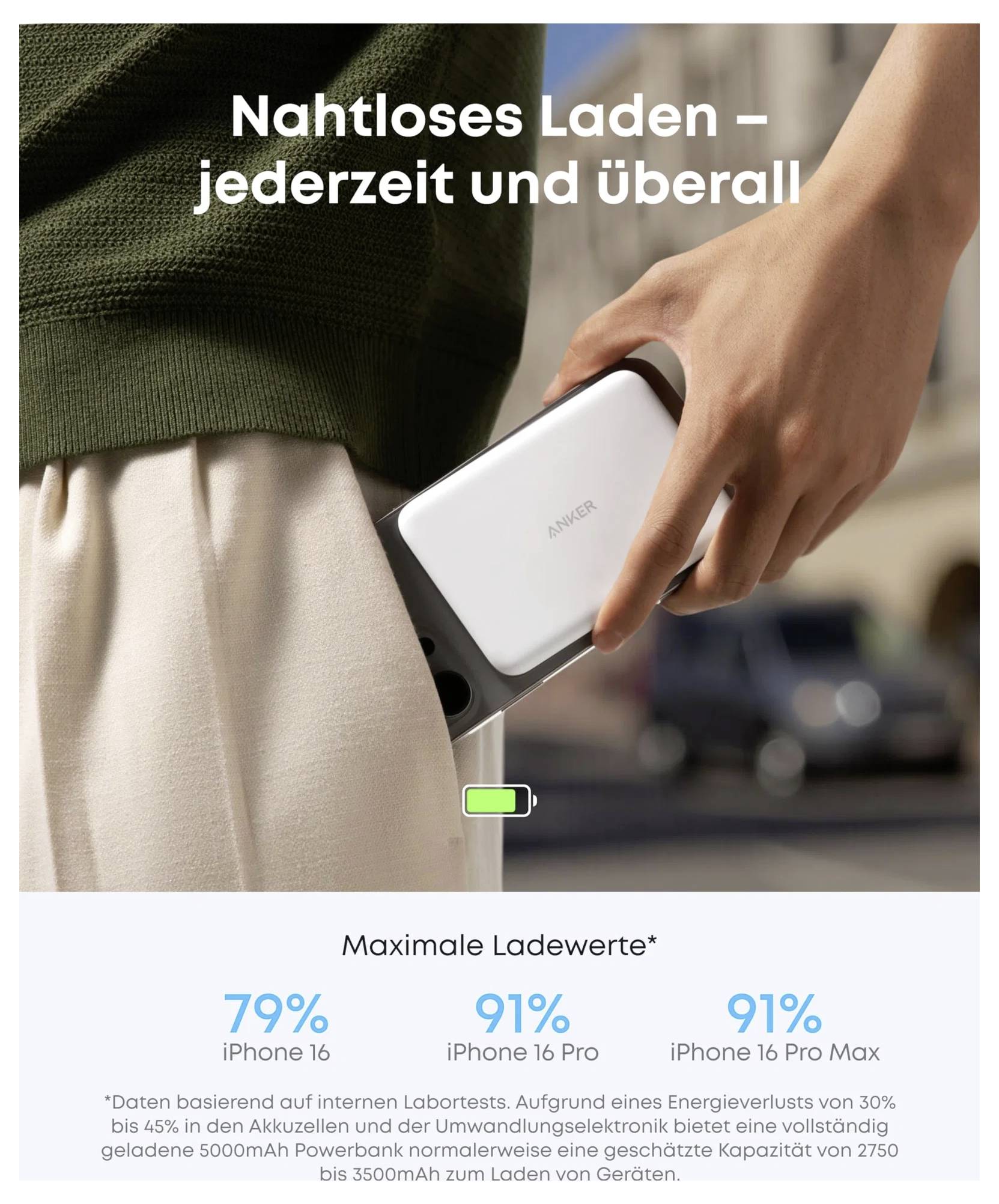 Person hält eine weiße Anker-Powerbank, während der Text „Nahtloses Laden – jederzeit und überall