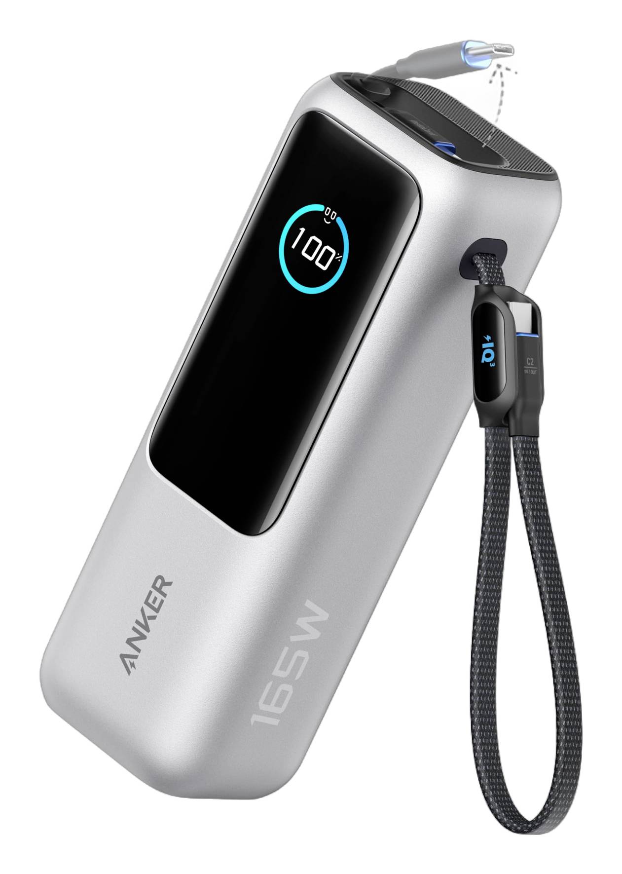 Anker 165W tragbare Powerbank mit integriertem USB-C-Kabel, LED-Batterieanzeige und ausfahrbarem Stecker-Adapter.