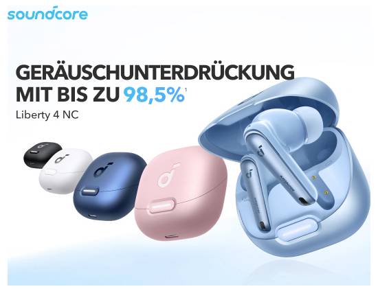 Soundcore-Anzeige für Liberty 4 NC Ohrhörer, die „Lärmreduktion bis zu 98,5%