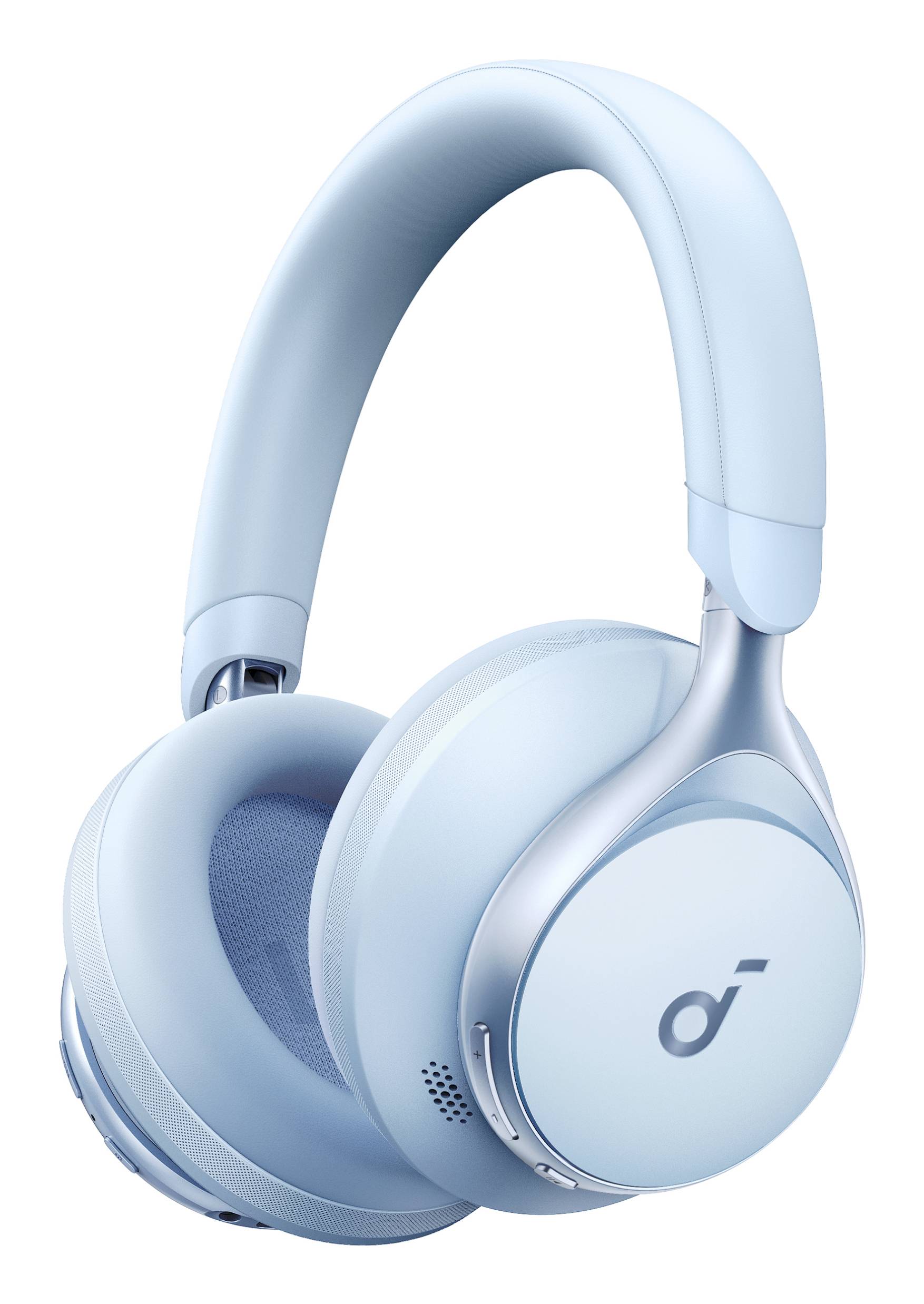 Hellblaue Over-Ear-Kopfhörer mit drahtloser Verbindung, dargestellt in einem produktstylisierten Bild auf weißem Hintergrund.