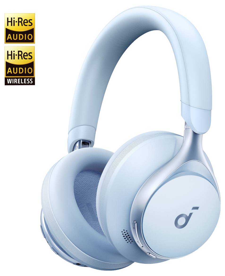 Hellblaue Over-Ear-Kopfhörer mit Wireless-Funktion, mit Hi-Res Audio- und Hi-Res Audio Wireless-Abzeichen.