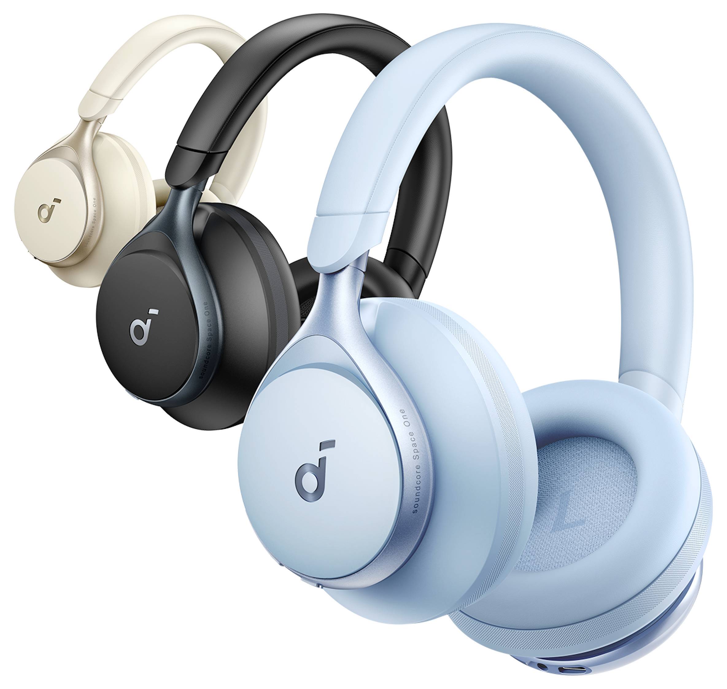 Drei Over-Ear-Kopfhörer in Beige, Schwarz und Hellblau, dargestellt als Produktlinie auf weißem Hintergrund.