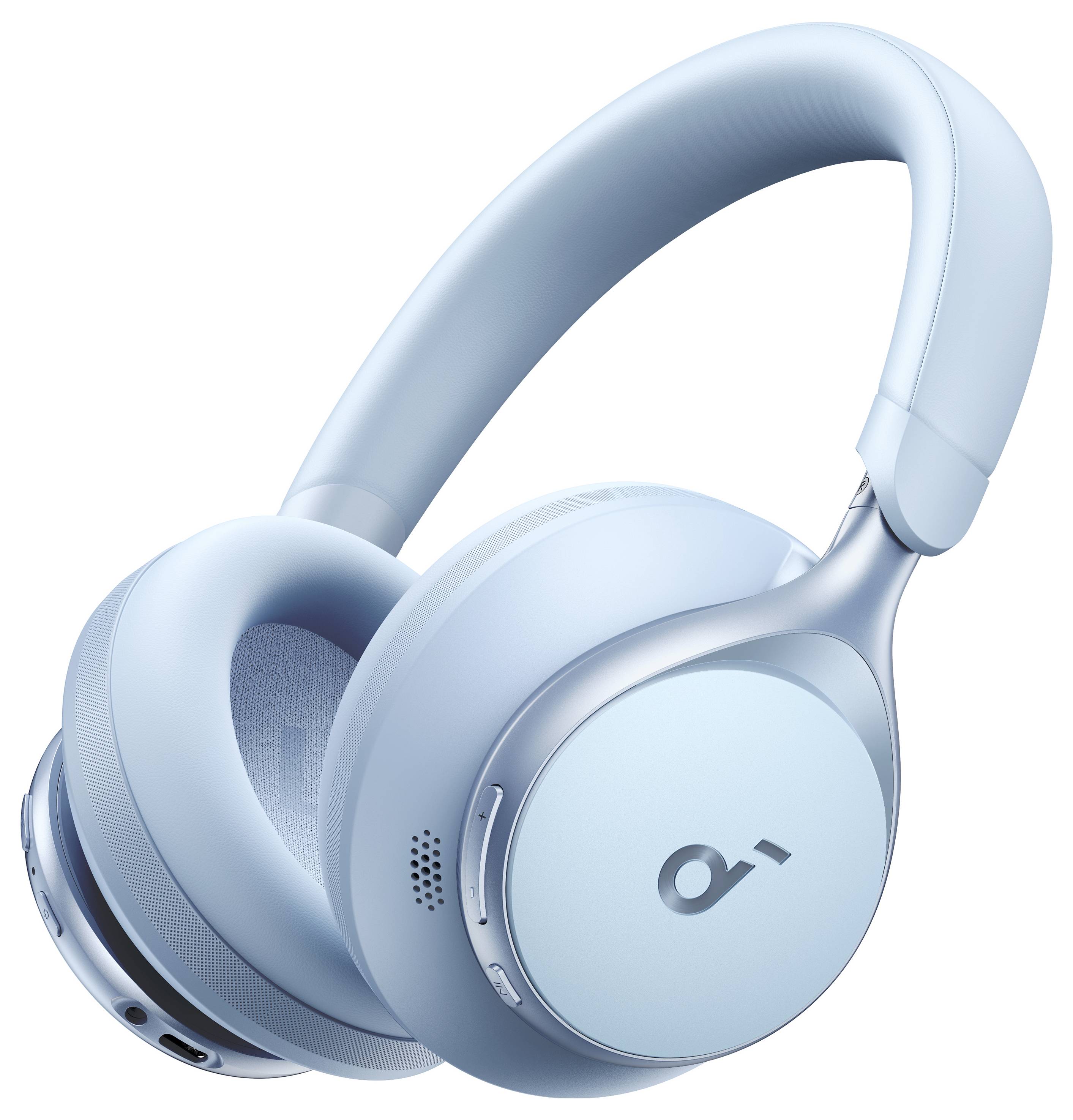 Hellblaue kabellose Over-Ear-Kopfhörer in Nahaufnahme auf weißem Hintergrund.