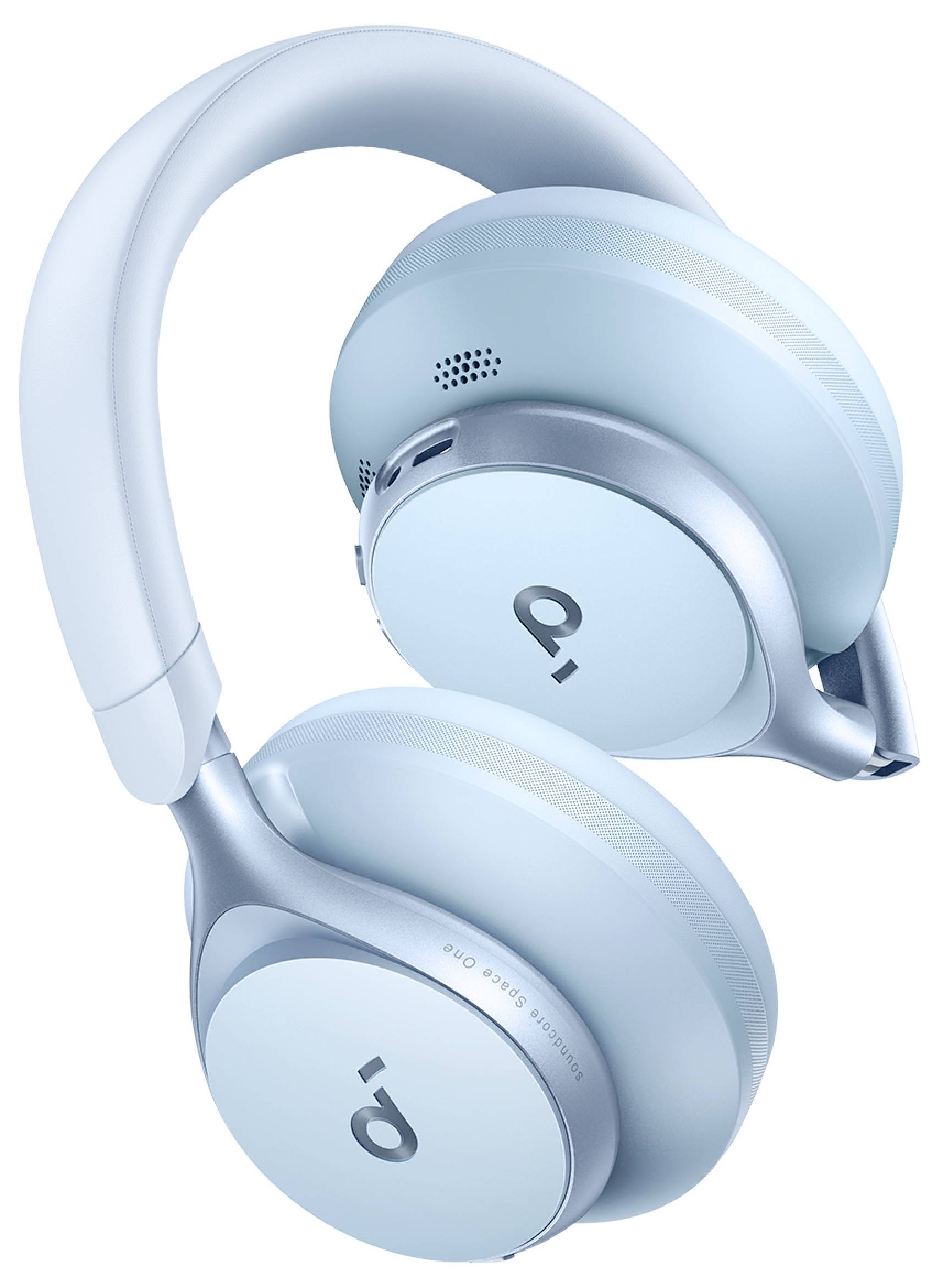 Hellblaue Over-Ear-Wireless-Kopfhörer mit gepolstertem Kopfbügel und runden Ohrmuscheln auf weißem Hintergrund.