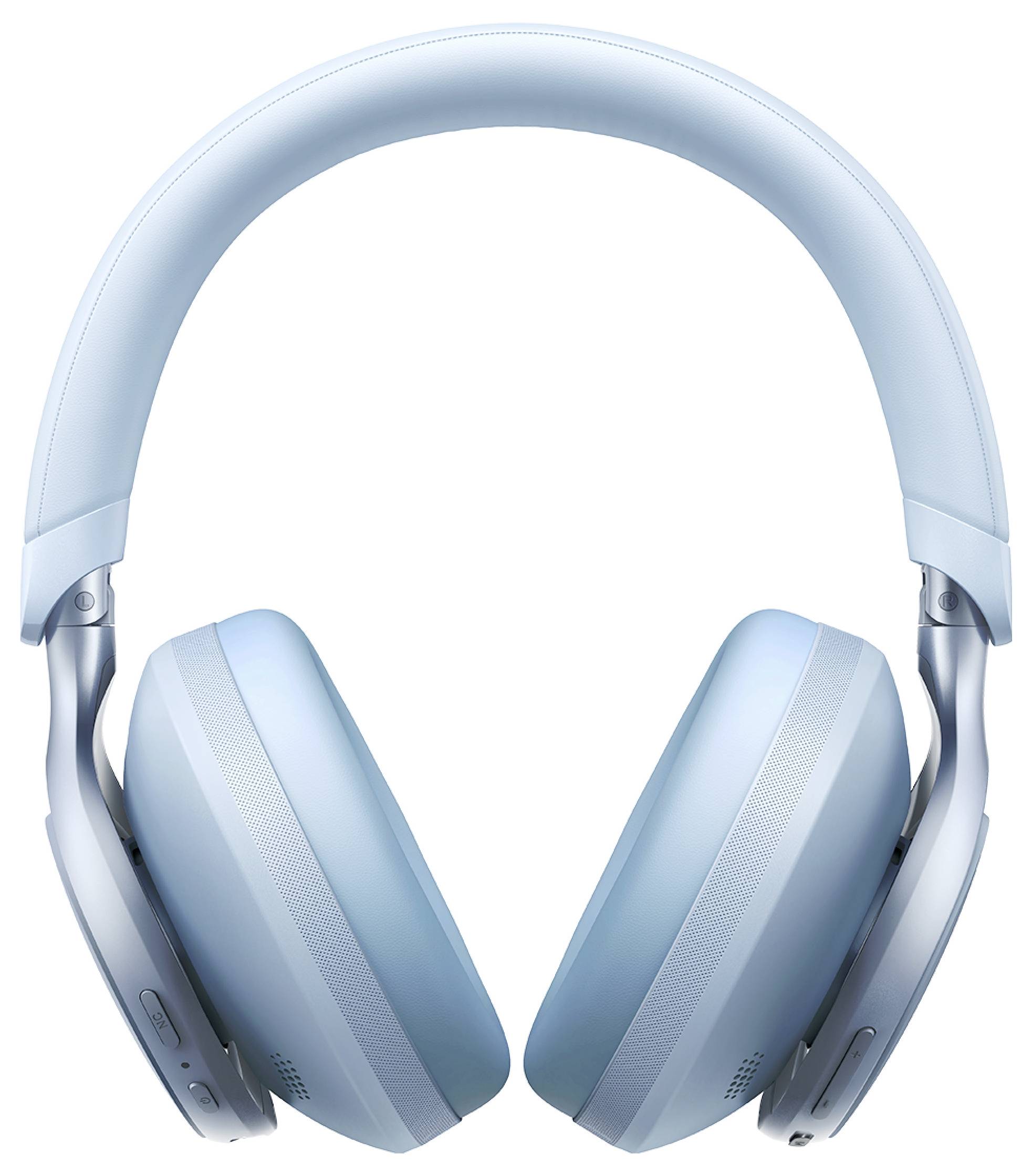 Hellblaue Over-Ear-Kopfhörer auf weißem Hintergrund.