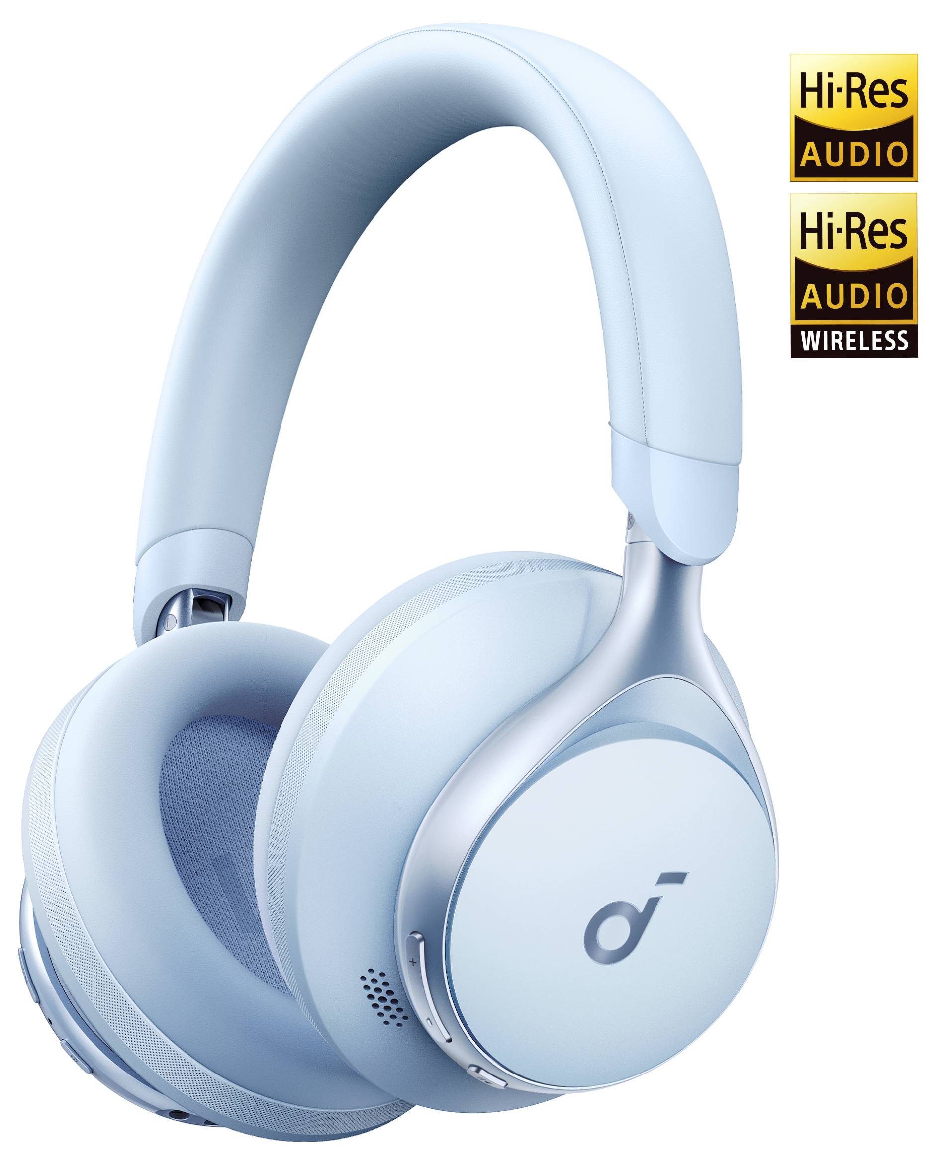 Hellblaue Over-Ear-Kopfhörer mit kabelloser Verbindung, Hi-Res Audio und Hi-Res Audio Wireless Abzeichen.