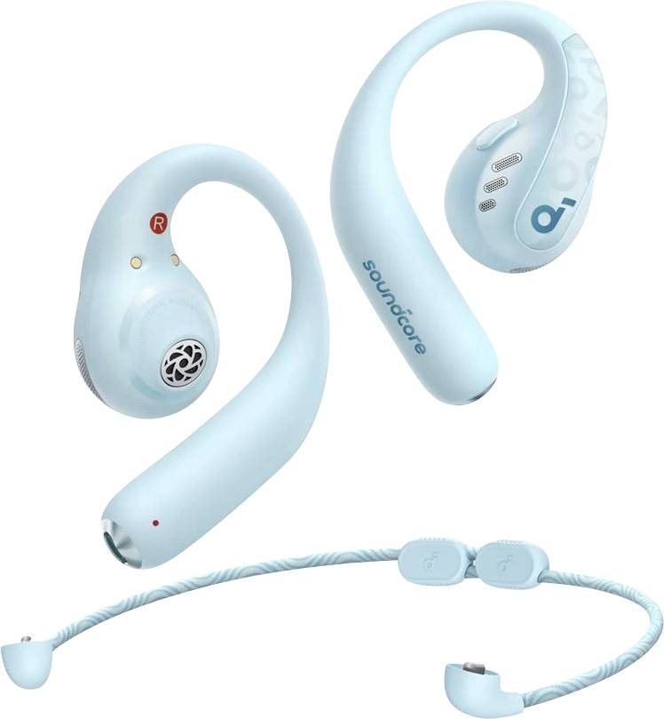 Hellblaue Soundcore Nackenbügel-Ohrhörer mit Ohrbügeln und einem geflochtenen Ladekabel, gezeigt aus mehreren Blickwinkeln auf weißem Hintergrund.