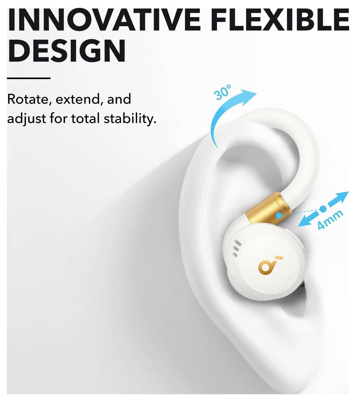 Bewerbungsgrafik eines kabellosen Ohrhörers an einem menschlichen Ohr, beschriftet mit „Innovatives flexibles Design