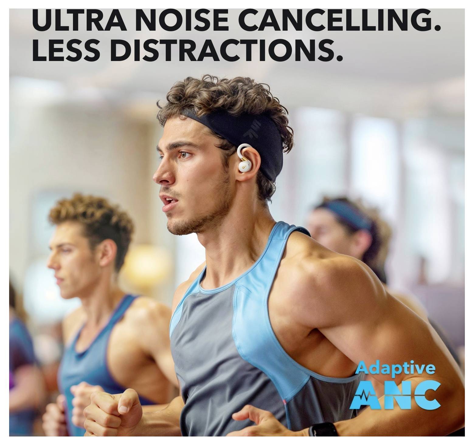 Läufer mit kabellosen In-Ear-Kopfhörern und Text „ULTRA-GERÄUSCHUNTERDRÜCKUNG. WENIGER ABLENKUNGEN.